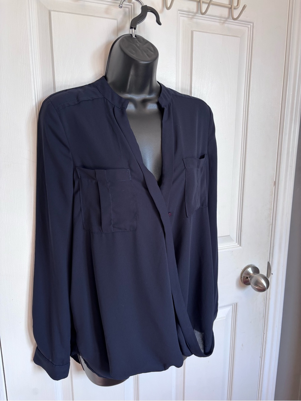 Anthropologie Maeve Navy Blue Faux Wrap Utility Blouse Top 4